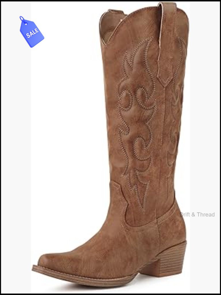 Knee High Cowboy Boots With Chunky Heel, Embroidered Design, Side Zipper,